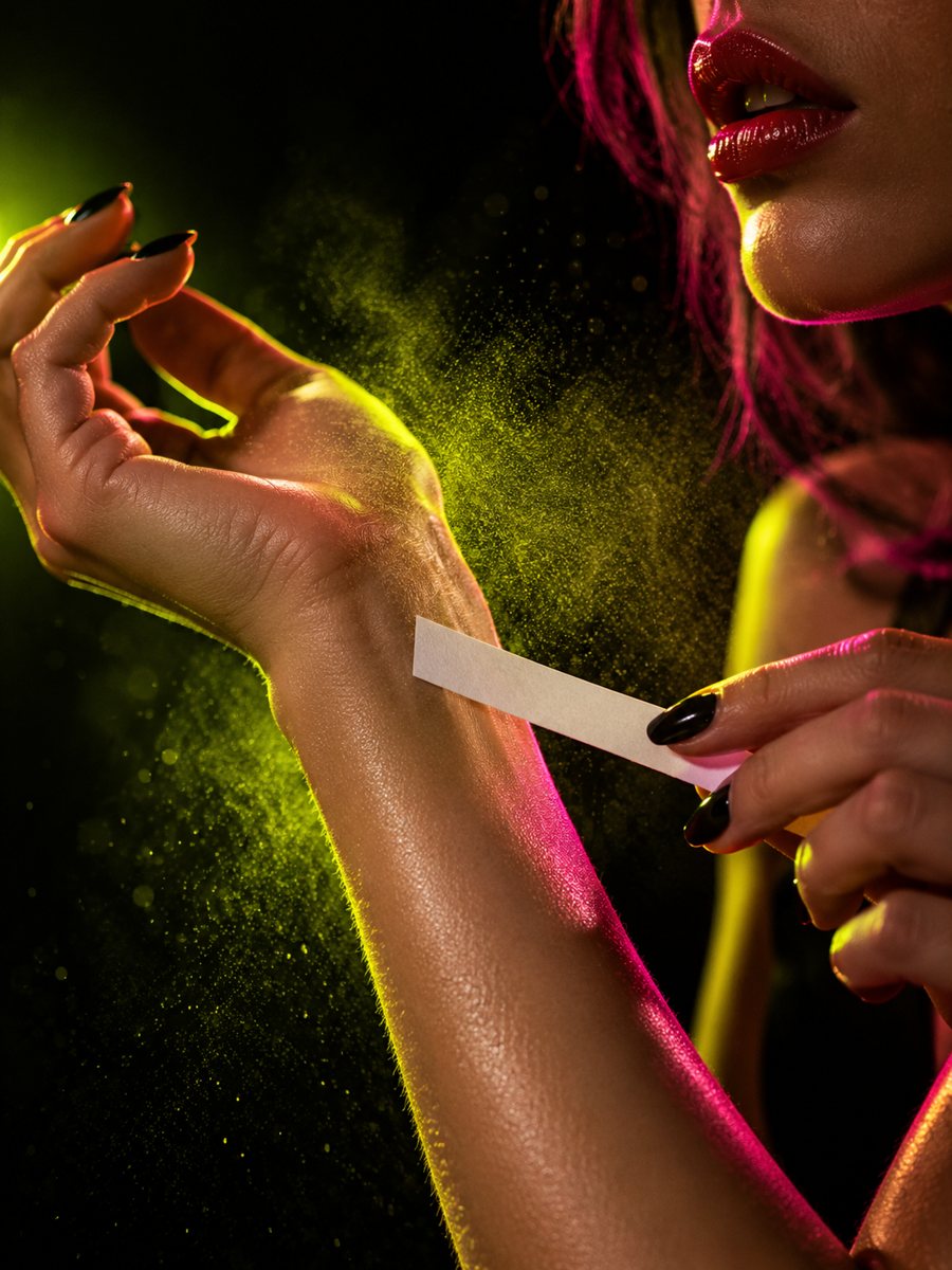 Perfume tester strip on a wrist in neon light