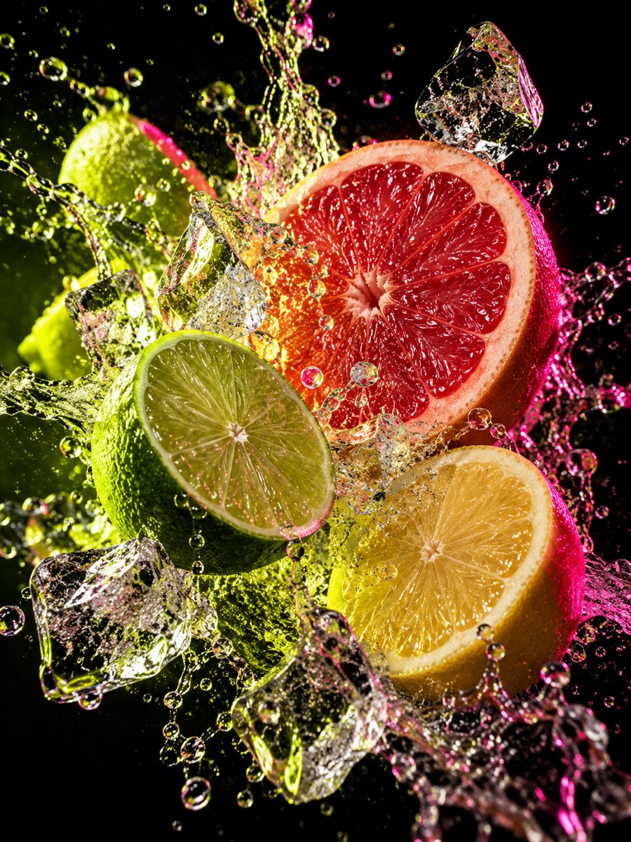 Citrus halves bursting through cold water