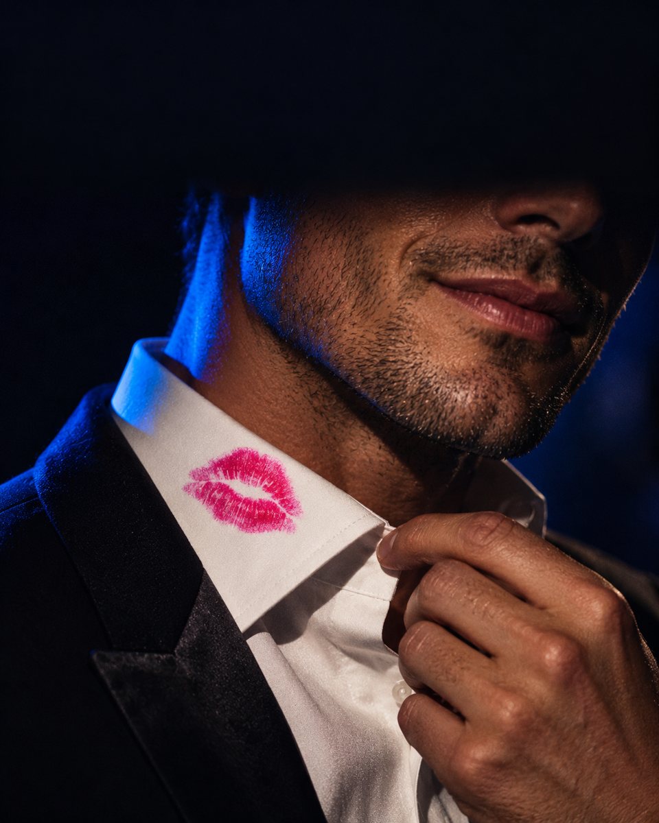 Pink lipstick kiss on a white collar