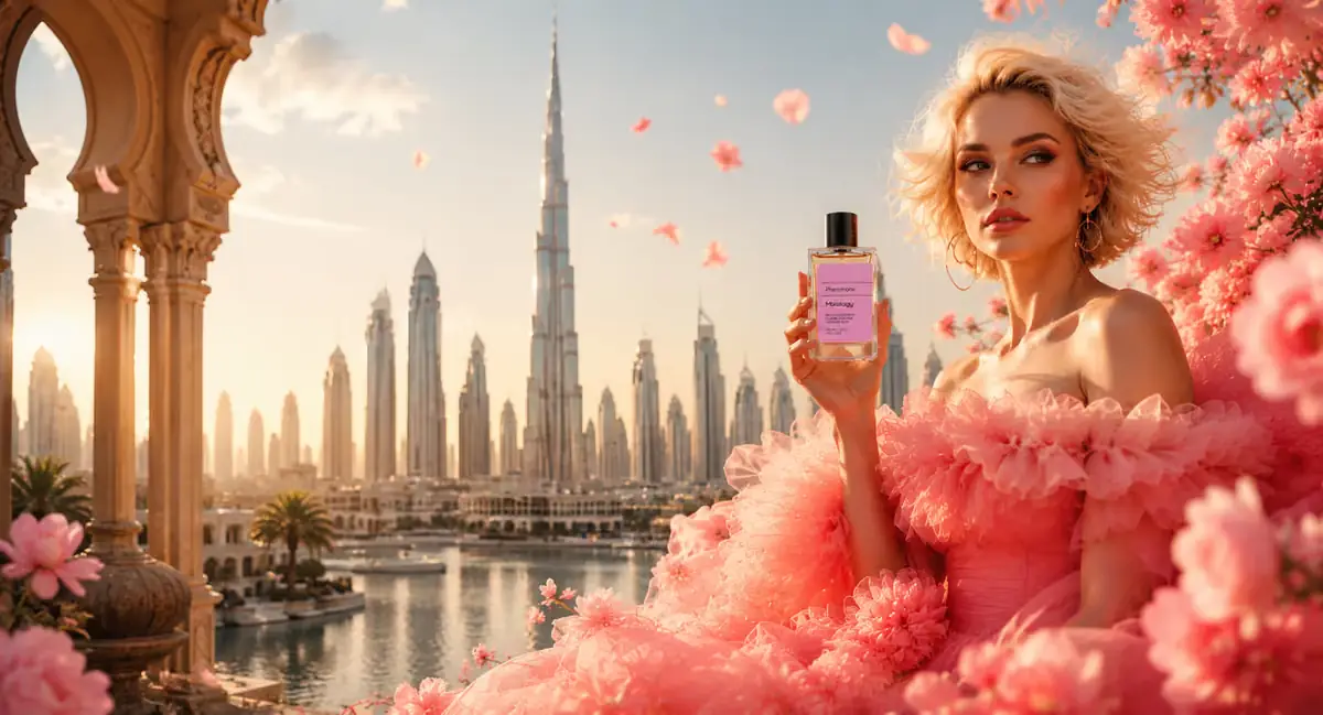 Dubai skyline with Burj Khalifa behind a model in pink floral dress holding a niche fragrance bottle
